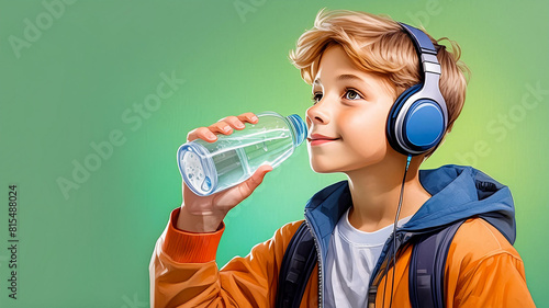 Portrait of a boy drinking fresh water from bottle, wearing wireless headphones over green studio background with copy space. Drinking water after  exercise or after sports run and training ,