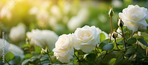 Fototapeta Naklejka Na Ścianę i Meble -  A serene image of white roses surrounded by greenery in a park with a softly blurred background Ideal for copy space