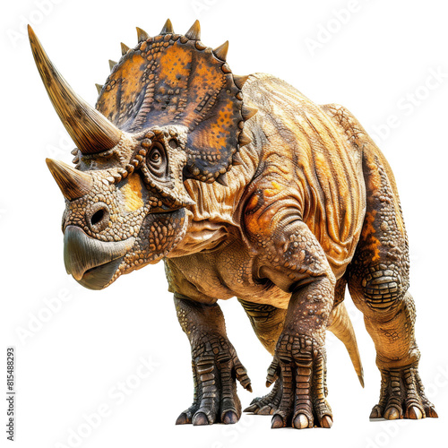 A large  three-horned dinosaur with a distinctive frill around its neck. It is standing on all fours and looking to the left. The background is transparent.