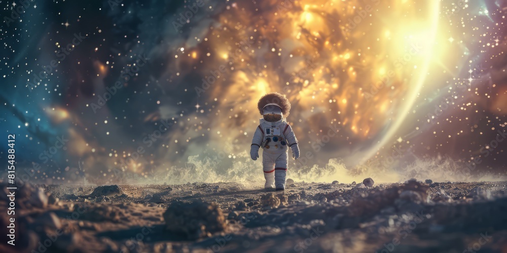 ethnic African American baby astronaut with afro hairstyle wearing Extravehicular Mobility Unit and helmet walking in outer space against spaceship ethnic African American baby astronaut with afro hairstyle wearing Extravehicular Mobility Unit and helmet walking in outer space against spaceship