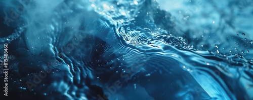 Macro shot of dynamic, flowing water with air bubbles in shades of blue, conveying motion and fluidity.