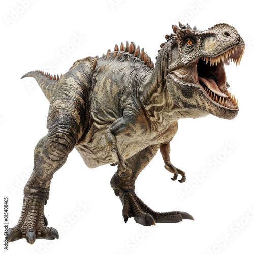 A large, realistic dinosaur with sharp teeth and claws. It is standing on all fours and has a long tail. The dinosaur is looking to the right of the frame and has its mouth open.