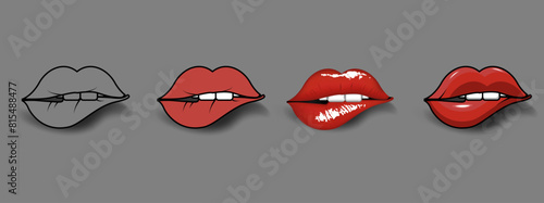 Lips 3d vector icons. Sexually bitten lip with teeth. Smile lip. Realistic elements linear and filled romantic design. Isolated.