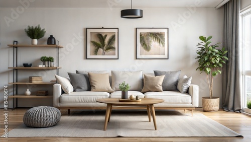 minimalist Boho interior design of modern living room, home. Live edge coffee table near white sofa with black and grey pillows against white wall with poster frame.