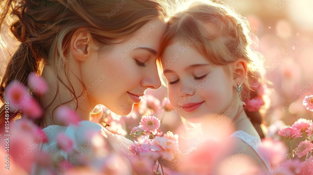 Obraz premium Mother and Daughter in Flower Field at Sunset