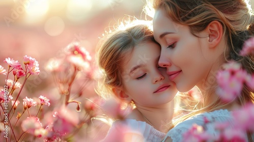 Mother and Daughter in Flower Field at Sunset