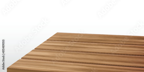 Wooden kitchen table corner, perspective view with texture. Wood tabletop angle surface for product presentation. 3d empty garden desk on foreground for dining display in rustic restaurant template