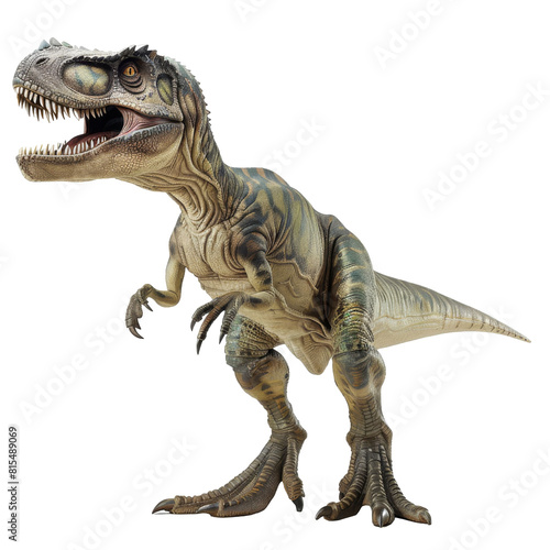 A realistic rendering of a Tyrannosaurus Rex dinosaur  with detailed scales  feathers  and a menacing expression.