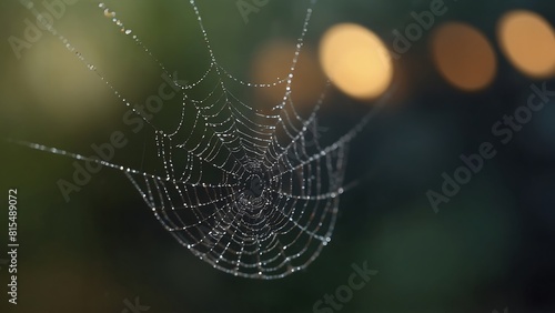 Delicate spider webs glisten with morning dew drops. Catch the light in glistening webs photo