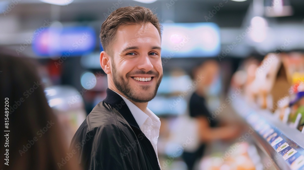 Thoughtful happy male Shopper Selecting Gourmet Items in Premium Supermarket Chain. Smiling man in a grocery store. Thoughtful happy male Shopper Selecting Gourmet Items in Premium Supermarket Chain. Smiling man in a grocery store.