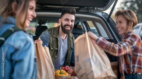 A happy family has purchased groceries at the supermarket for a month in advance and is packing bags of food into the trunk of the car. photo