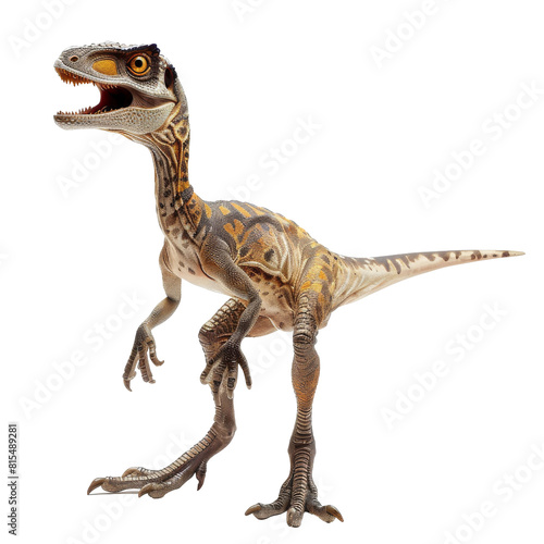 A small dinosaur with feathers and a long tail. It has a yellow and brown body with black stripes. The dinosaur is standing on all fours and looking to the left.