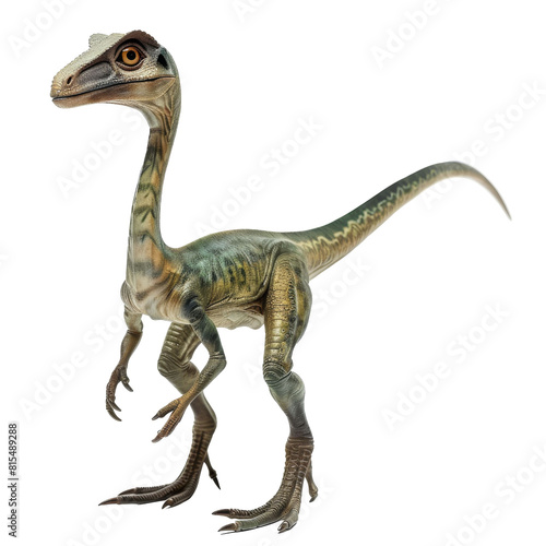 A small dinosaur with feathers and a long tail. It is standing on all fours and looking to the left. The dinosaur is green and brown in color.