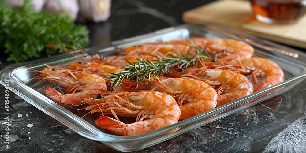 glass tray with some raw spanish red prawns glass tray with some raw spanish red prawns