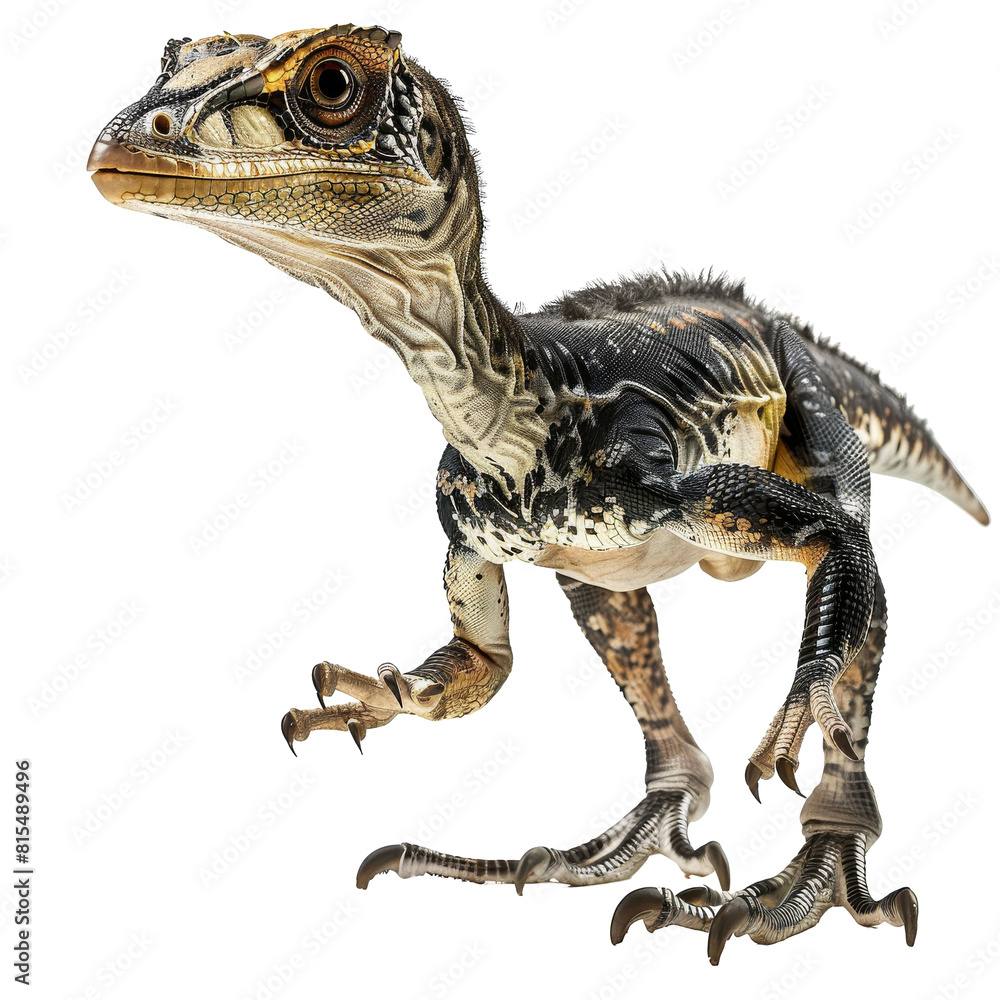 A small dinosaur with feathers stands on a transparent background. The dinosaur has a long tail and a beak. The dinosaur is brown and black with yellow eyes. A small dinosaur with feathers stands on a transparent background. The dinosaur has a long tail and a beak. The dinosaur is brown and black with yellow eyes.