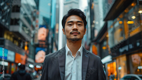 This vibrant lifestyle stock image captures a young Asian entrepreneur striding confidently through a lively urban thoroughfare, with towering skyscrapers towering in the backdrop. The bustling city s