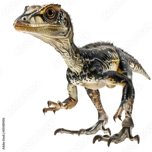 A small dinosaur with feathers stands on a transparent background. The dinosaur has a long tail and a beak. The dinosaur is brown and black with yellow eyes. © INT888