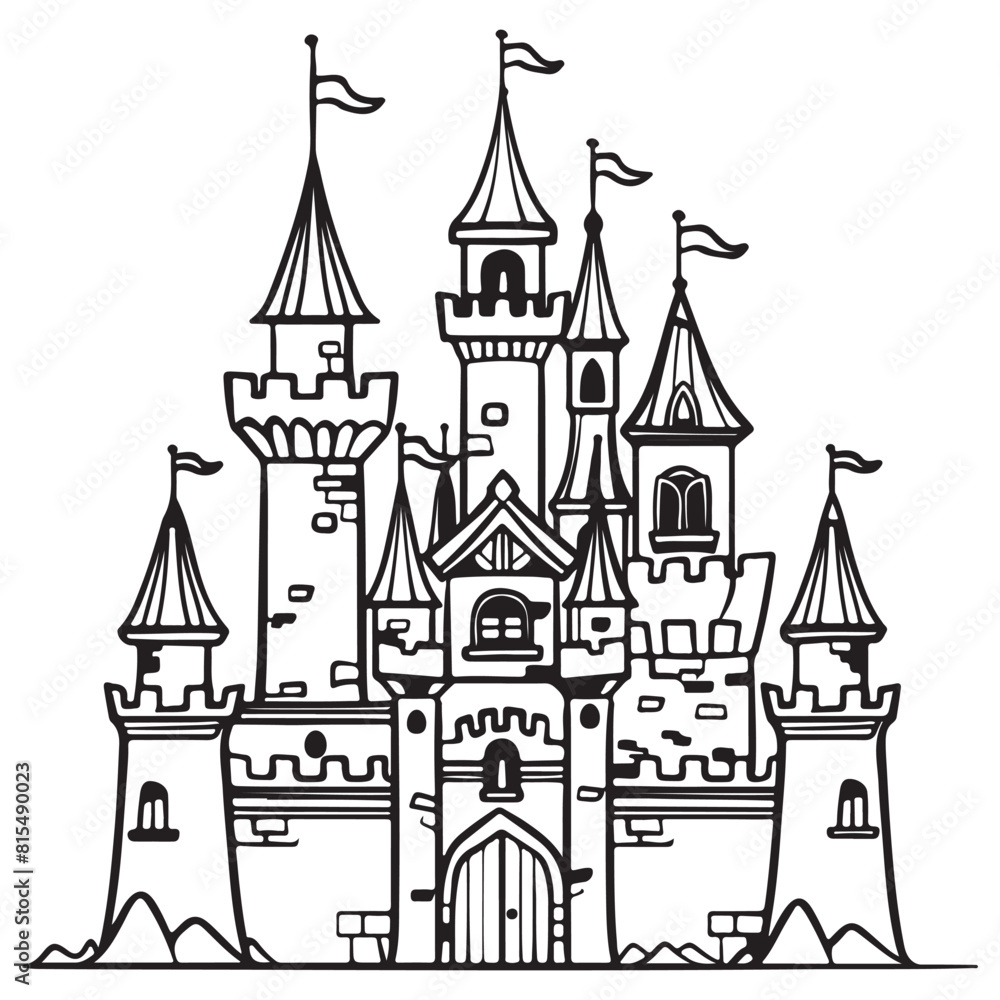 Fototapeta premium Line art cartoon design of castle palace, black vector illustration on white background