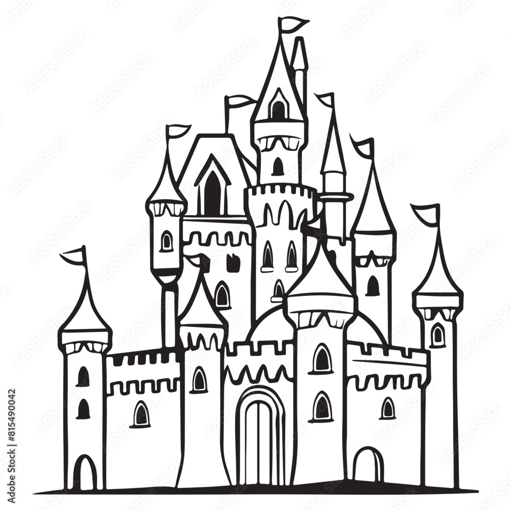 Line art cartoon design of castle palace, black vector illustration on white background
