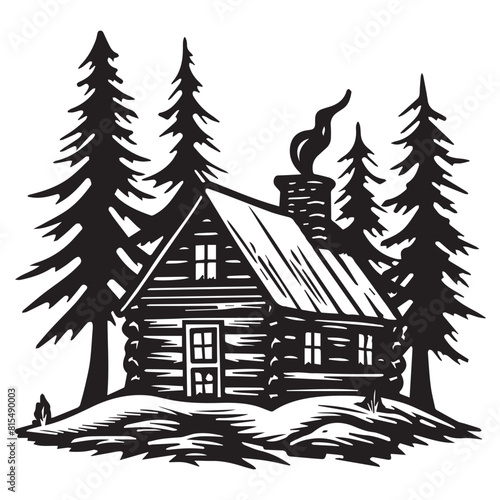 Wooden cabin in forest cartoon design, black vector illustration on white background