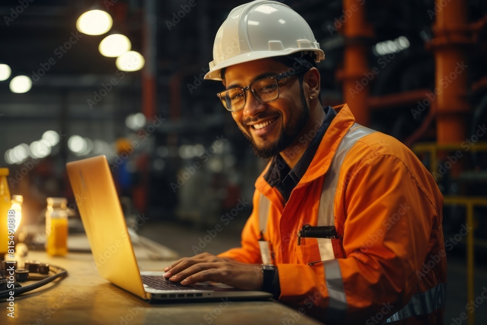 Factory worker using laptop for system inspection in oil refinery factory Factory worker using laptop for system inspection in oil refinery factory