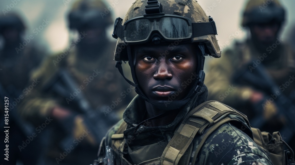 Dark-skinned military man in uniform and helmet close-up Dark-skinned military man in uniform and helmet close-up