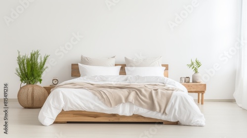 Minimalistic bed with white linens in modern minimalistic empty interior