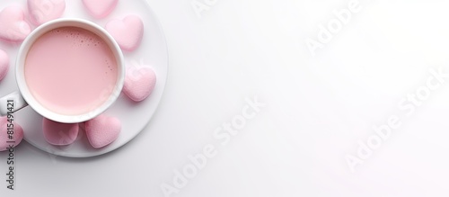 Top view of a cup of coffee with a heart shaped pink marshmallow on a white background providing copy space for text or images