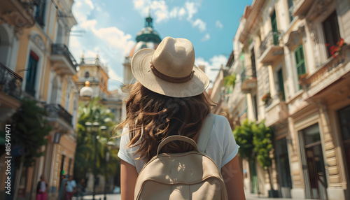 A female solo traveller walking at a famous European landmark in a casual summer dress, enjoying her vacation and exploring the cityscape.