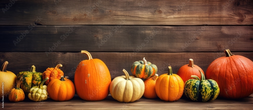 Toned pumpkins arranged on a rustic wooden backdrop creating a charming copy space image Toned pumpkins arranged on a rustic wooden backdrop creating a charming copy space image