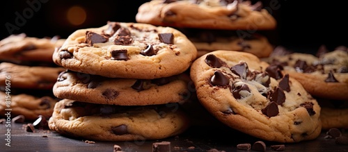Dark chocolate chip cookies with an enticing rich flavor. Creative banner. Copyspace image photo