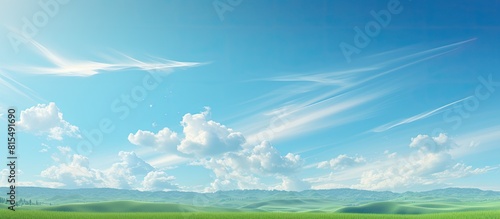 Bright turquoise landscape with clear clouds depicting the beauty of calm sunlight in a summer blue gradient The image showcases a serene environment with a horizon view and a touch of the spring win