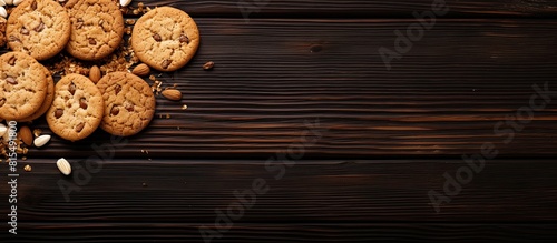 A close up view of oatmeal cookies with peanuts on a dark wooden table seen from the top with ample copy space in the image