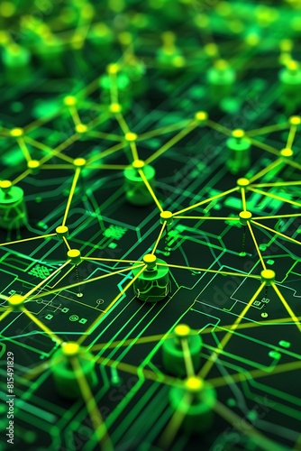 An intricate network of digital connections in vivid green and bright yellow