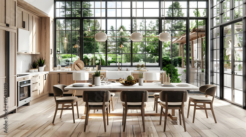 Modern farmhouse kitchen interior with light wood floors white granite marble counters large dining table with eight chairs stainless appliances orange color accents and large windows : Generative AI