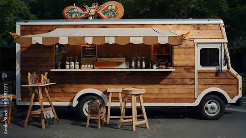 Food truck, woodworking at street food fair
