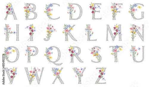 Floral alphabet, letters with watercolor flowers and leaf. Monogram initials perfectly for wedding invitations, greeting card, logo, poster and other. Holiday design hand painting. photo