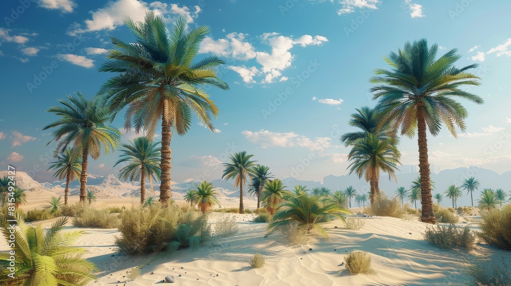 A vast tropical desert. light blue sky. clear day. green palm trees scattered. Generative AI. A vast tropical desert. light blue sky. clear day. green palm trees scattered. Generative AI.