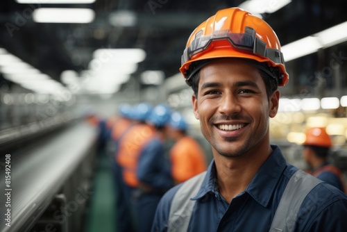 Male factory worker wearing hat and safety suit on production line background © free