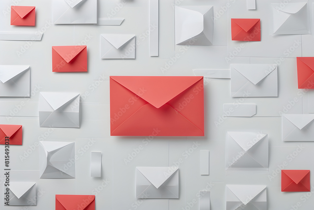 A bunch of paper envelopes with one red one white A bunch of paper envelopes with one red one white