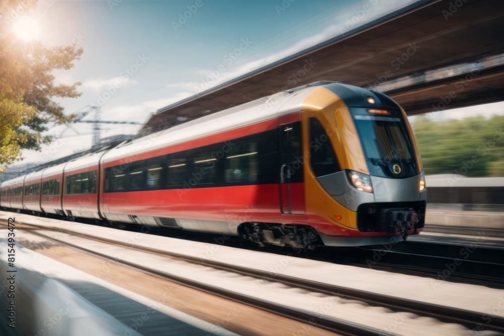 Naklejka premium Fast moving modern train in motion blur at station