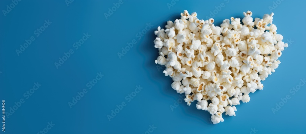 Heart shaped popcorn displayed on a blue background with ample copy space for additional content Heart shaped popcorn displayed on a blue background with ample copy space for additional content