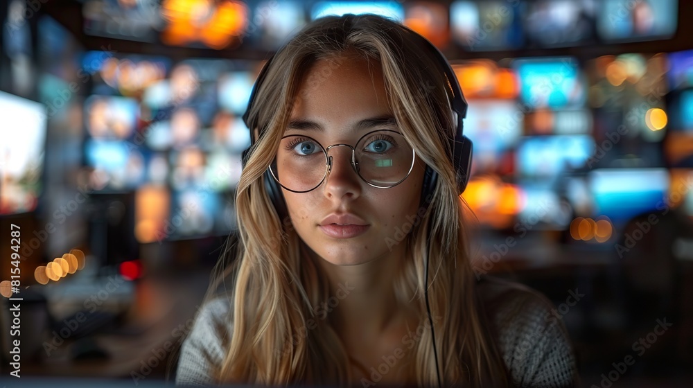 Young Woman with Headphones in a High-Tech Control Room Young Woman with Headphones in a High-Tech Control Room