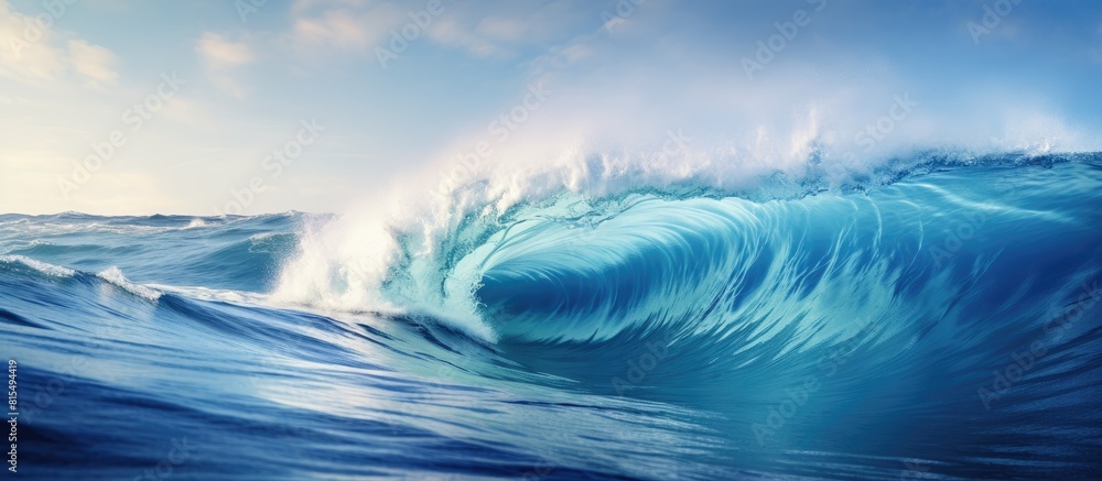 A large turbulent wave in the ocean with a backdrop of blue water that leaves ample room for a copy space image A large turbulent wave in the ocean with a backdrop of blue water that leaves ample room for a copy space image