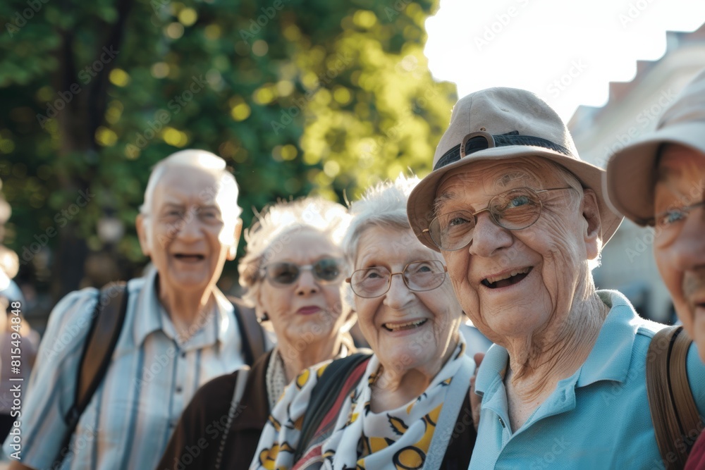 group of senior people smiling and looking at camera while walking in city group of senior people smiling and looking at camera while walking in city