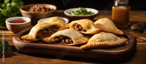 A copy space image of crispy fried empanadas with ground beef stuffing on a wooden tray set on a natural wooden table showcasing South American cuisine photo
