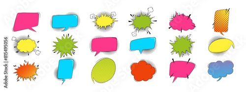 Empty explosion speech bubbles with text in trendy pop art style photo