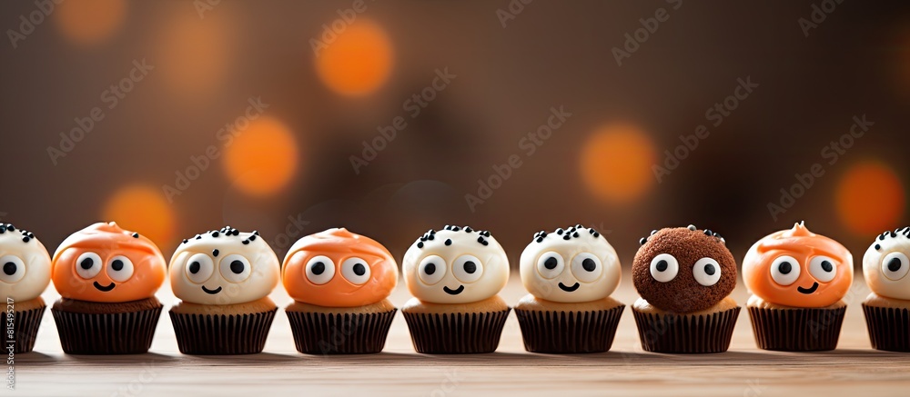 Obraz premium A party featuring Halloween cupcakes adorned with cute eyes captured in a copy space image