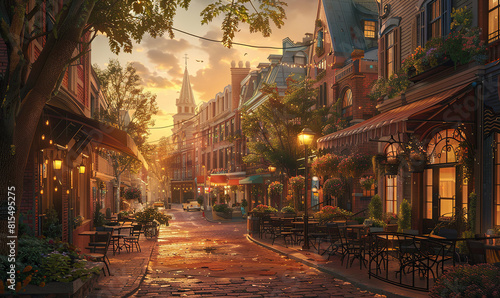 Charming old European street bathed in golden sunset light with cozy cafes and blooming flowers. Generate AI © VinaAmeliaGRPHIC