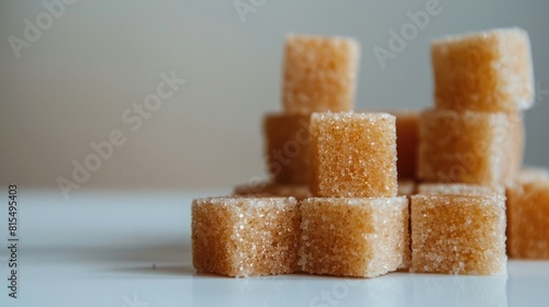 Brown sugar cubes stacked on a white surface